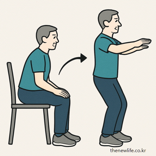 Illustration showing step-by-step chair squat exercise for lower body strength-의자에 앉았다가 일어나는 하체 근력운동 동작을 단계별로 보여주는 일러스트