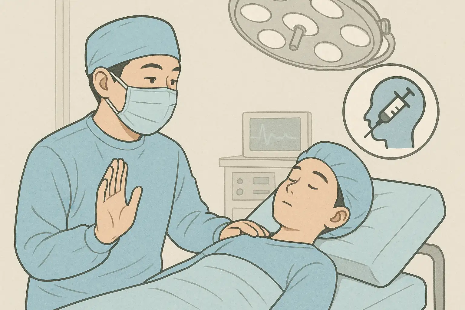 수술실에서 의사가 아이 또는 성인 환자를 진정시키고 설명하는 장면, 국소마취·수면마취