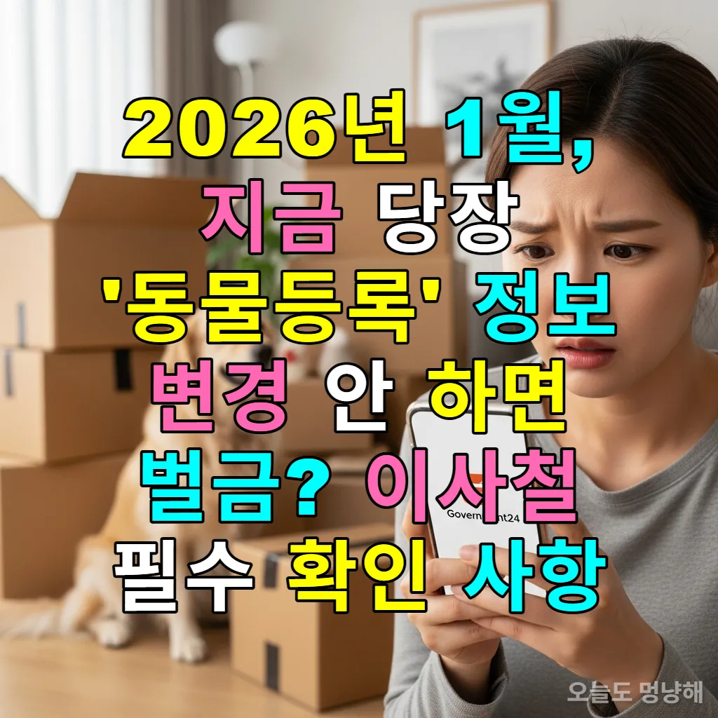 스마트폰으로 동물등록 변경 방법을 확인하는 한국인 반려인과 이사 박스 옆에 앉아 있는 강아지