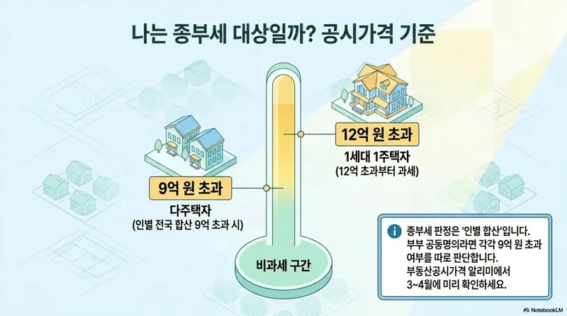 종부세 과세대상 기준을 공시가격별로 정리한 인포그래픽. 다주택자는 인별 전국 합산 9억 원 초과&amp;#44; 1세대 1주택자는 12억 원 초과부터 종부세가 부과되며 그 아래는 비과세 구간임을 시각적으로 구분하여 보여주는 이미지
