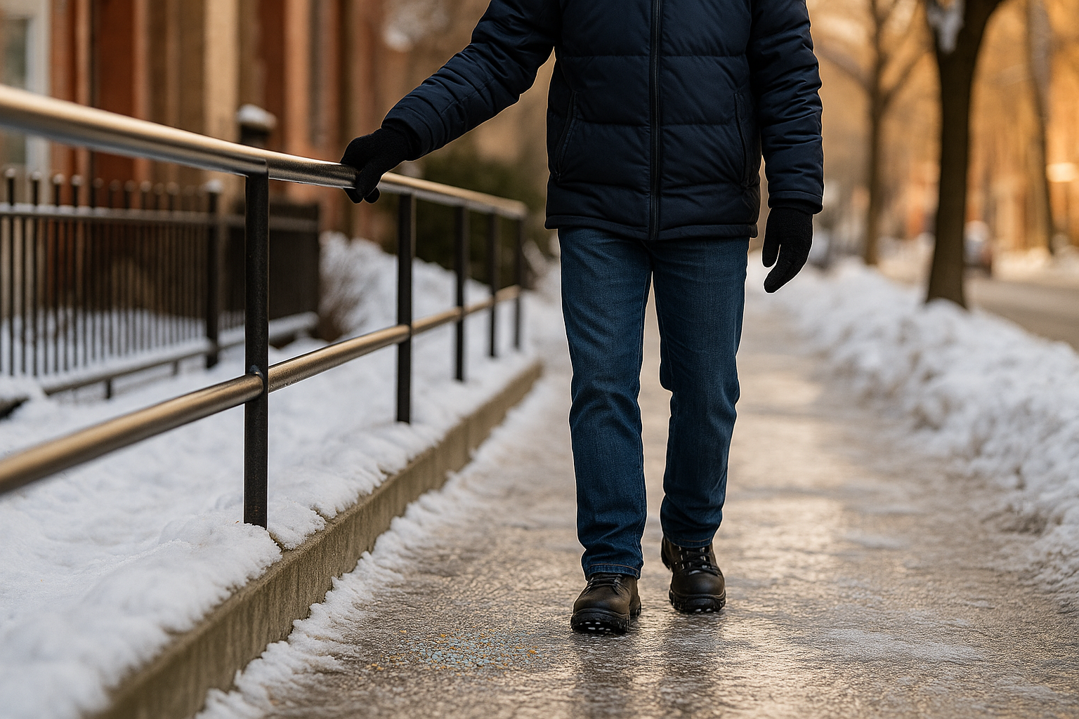 빙판길에서 난간을 잡고 펭귄 워크 자세로 걷는 겨울 보행 안전 사진