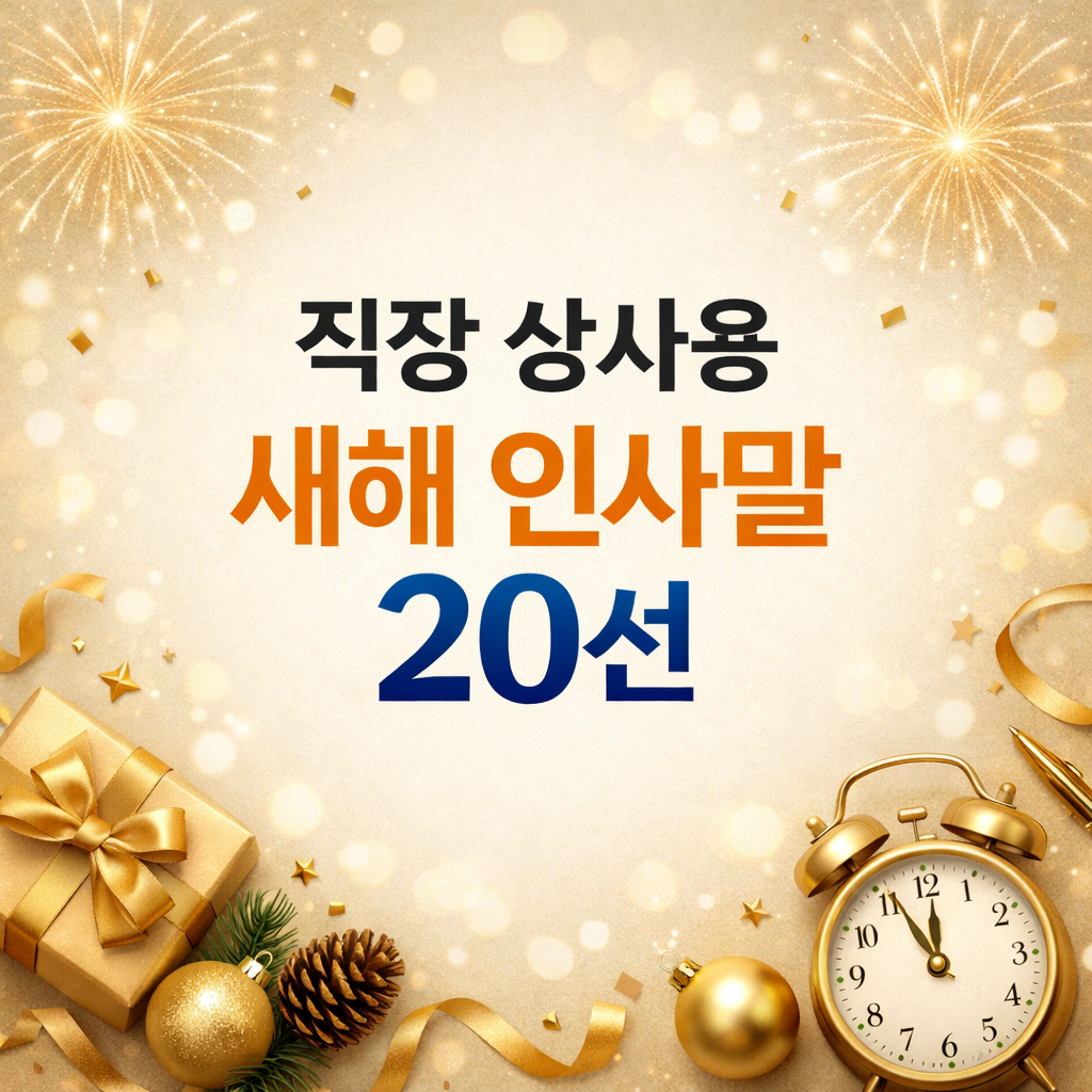 금색 톤의 축제 분위기 배경 위에 불꽃과 시계, 선물 장식이 있고, 가운데에 &lsquo;직장 상사용 새해 인사말 20선&rsquo;이라는 문구가 크게 적힌 정사각형 이미지