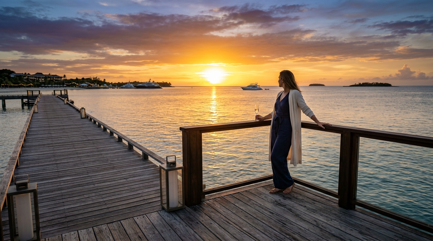 거친 시장을 넘어 평온한 은퇴의 항구에 도착해 여유롭게 일몰을 감상하는 투자자의 성공적인 뒷모습