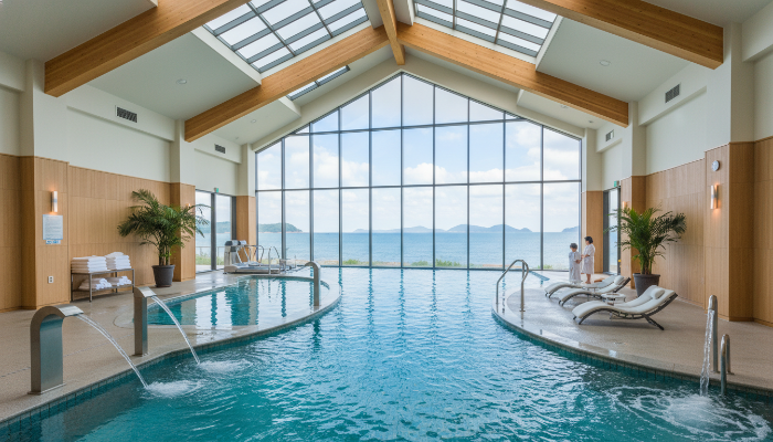 완도 해양치유센터의 현대적이고 청결한 해수 풀과 해양 테라피 시설 내부