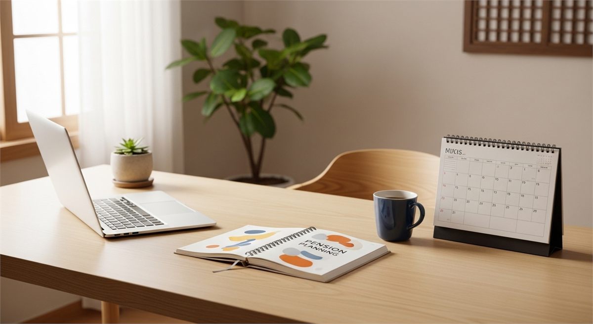 연금 계획을 세우는 책상 전경을 담은 장면