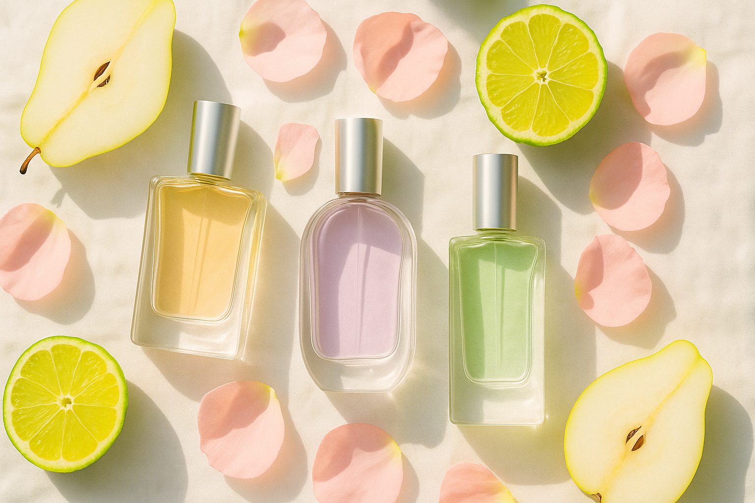 흰 리넨 위에 배&middot;베르가못&middot;장미꽃잎과 함께 놓인 파스텔 옐로&middot;라벤더&middot;민트색 미니멀 향수병 3개, 여름 햇살 플랫레이