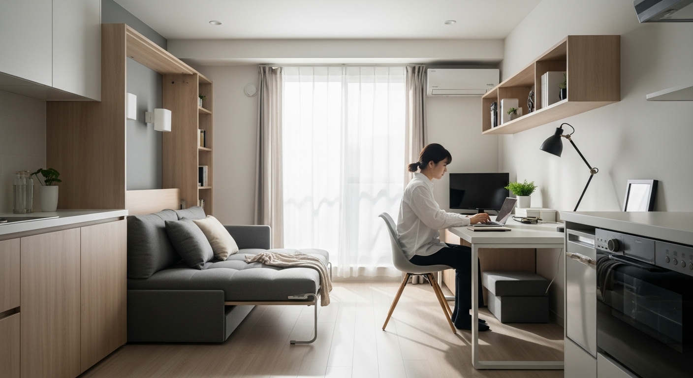 혁신적인 공간 설계를 통해 넓어 보이는 소형 아파트 내부와 재택근무하는 젊은 1인 가구의 모습