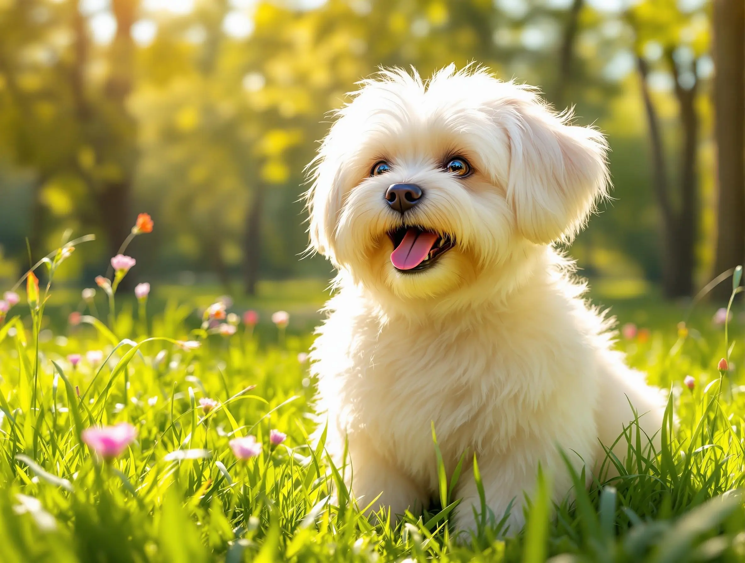 푸른 잔디밭에서 기쁘게 웃는 말티즈 강아지