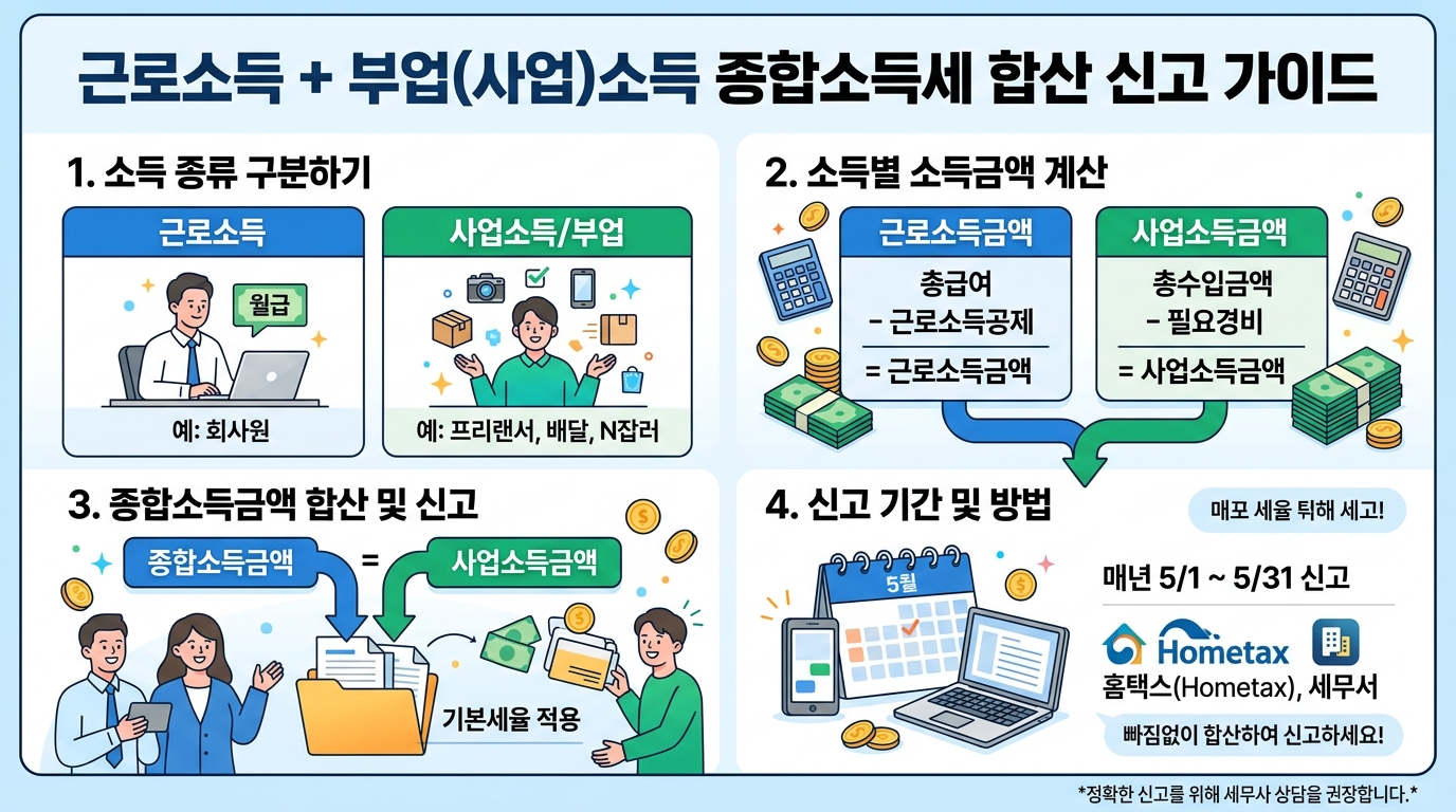 직장인 근로소득과 부업 사업소득을 합산하여 종합소득세를 신고하는 가이드 이미지