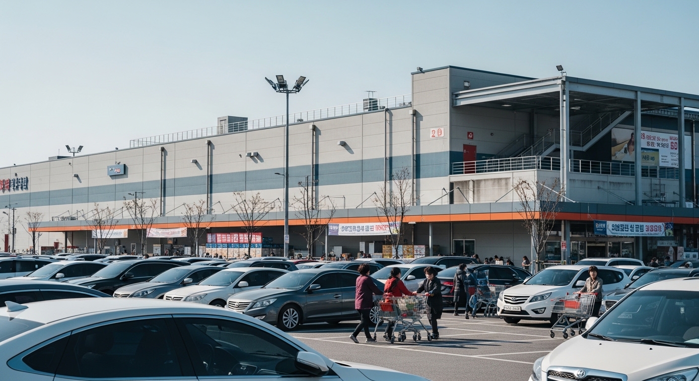 대형 할인매장 앞 주차장이 붐비는 모습 