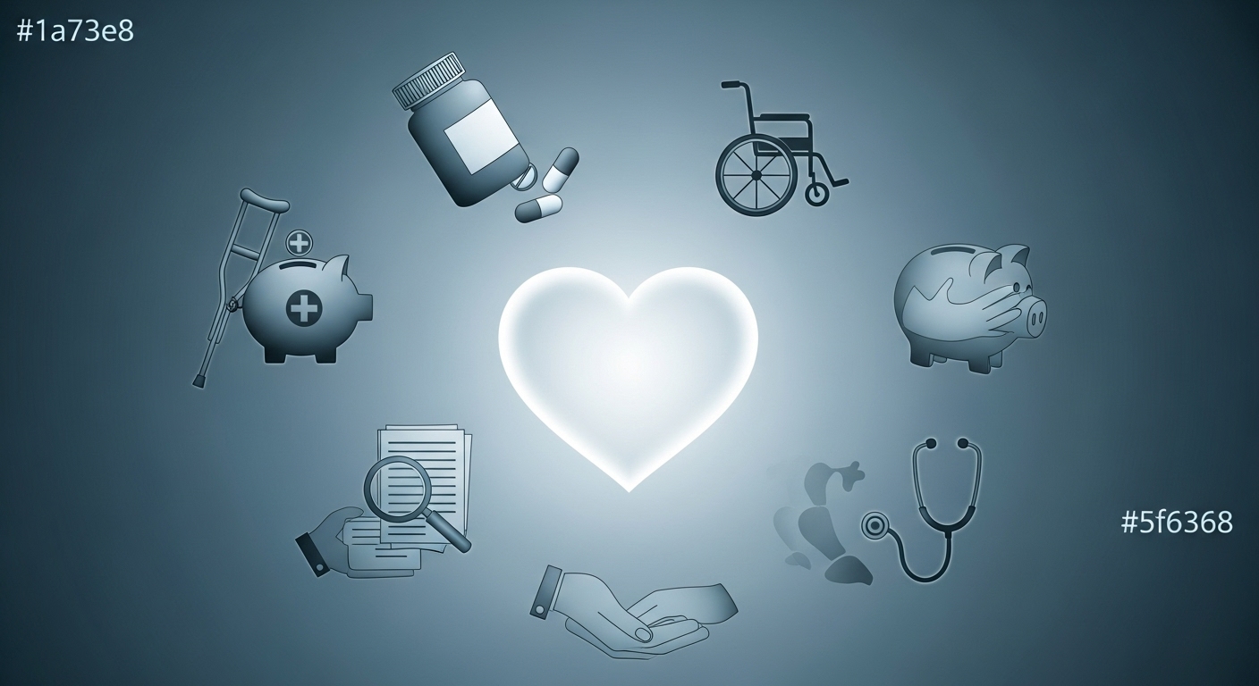 약, 휠체어, 현금, 서류 등 다양한 의료비 지원 혜택을 상징하는 아이콘들이 따뜻한 마음을 중심으로 떠다니는 추상적인 이미지.