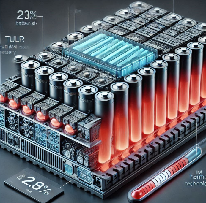 KULR의 열관리 기술이 적용된 배터리 팩의 단면도 이미지: 배터리 셀 사이에 KULR의 TIM 소재가 삽입되어 있고, 열 분산 경로를 시각화한 그래픽