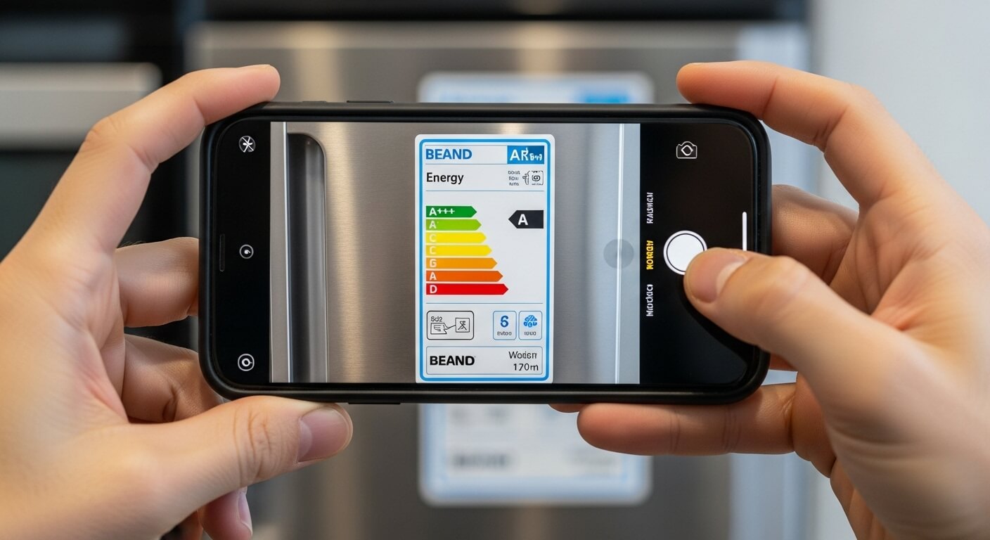 스마트폰으로 냉장고 에너지효율등급 라벨을 촬영하는 장면