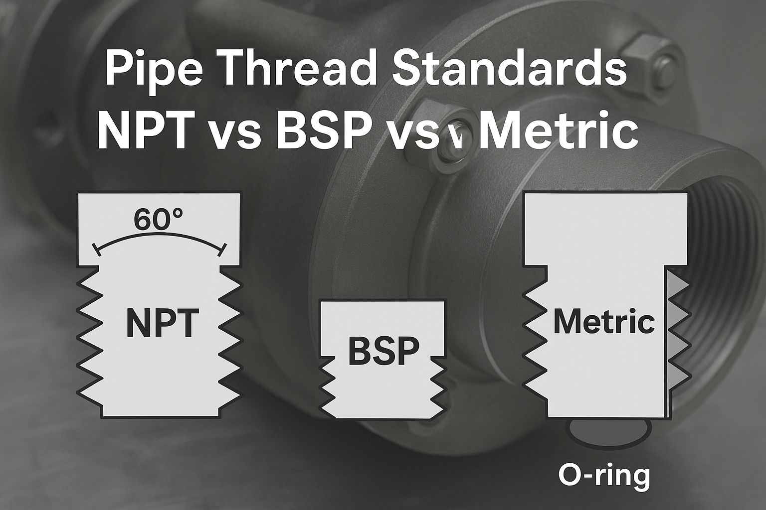 Pipe Thread Standards comparison of NPT 60&deg;, BSP 55&deg;, and Metric thread with O-ring sealing