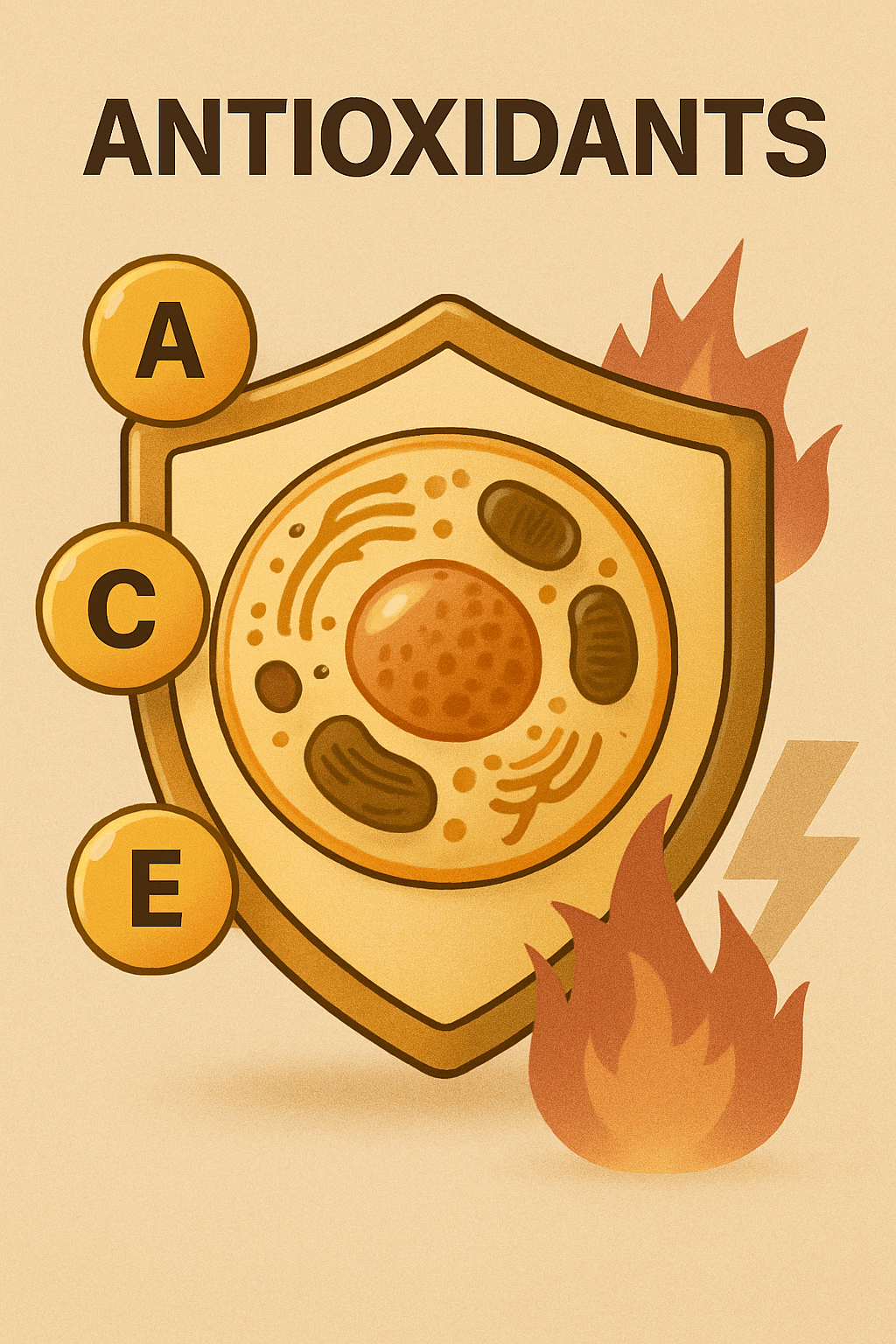 세포 구조 단면에 항산화 물질이 활성산소로부터 세포를 보호하는 모습을 묘사한 디지털 일러스트