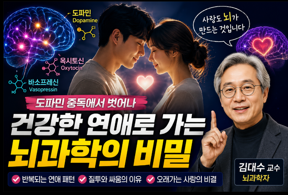 뇌과학으로 설명하는 사랑과 연애의 원리를 표현한 썸네일. 서로 마주 보는 커플과 뇌 이미지, 도파민·옥시토신·바소프레신이 함께 배치되어 있으며, 건강한 연애와 반복되는 연애 패턴, 도파민 중독, 오래가는 사랑의 비밀을 다루는 콘텐츠를 상징한다. 김대수 교수가 함께 등장해 뇌과학 관점에서 사랑의 원리를 설명하는 모습을 담고 있다.