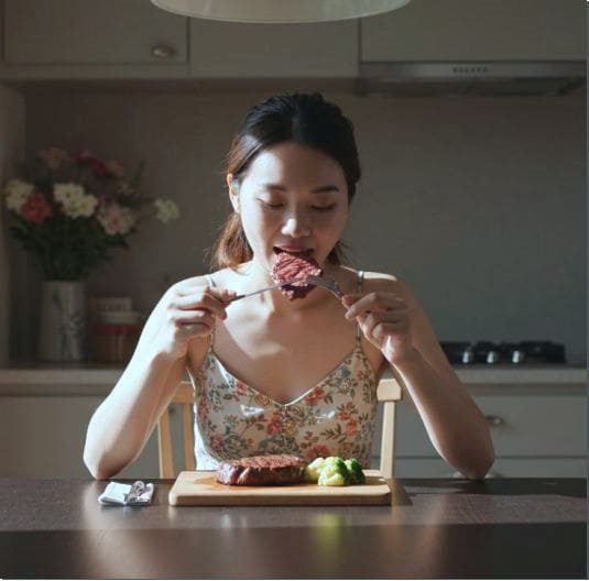 고중성지방혈증 원인 잘못된 식습관, 고기먹는 여성 사진