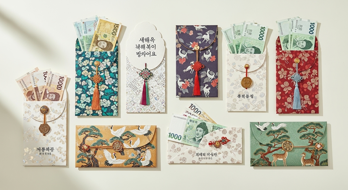전통 문양과 손글씨 덕담이 담긴 다양한 설날 용돈 봉투와 한국 지폐.