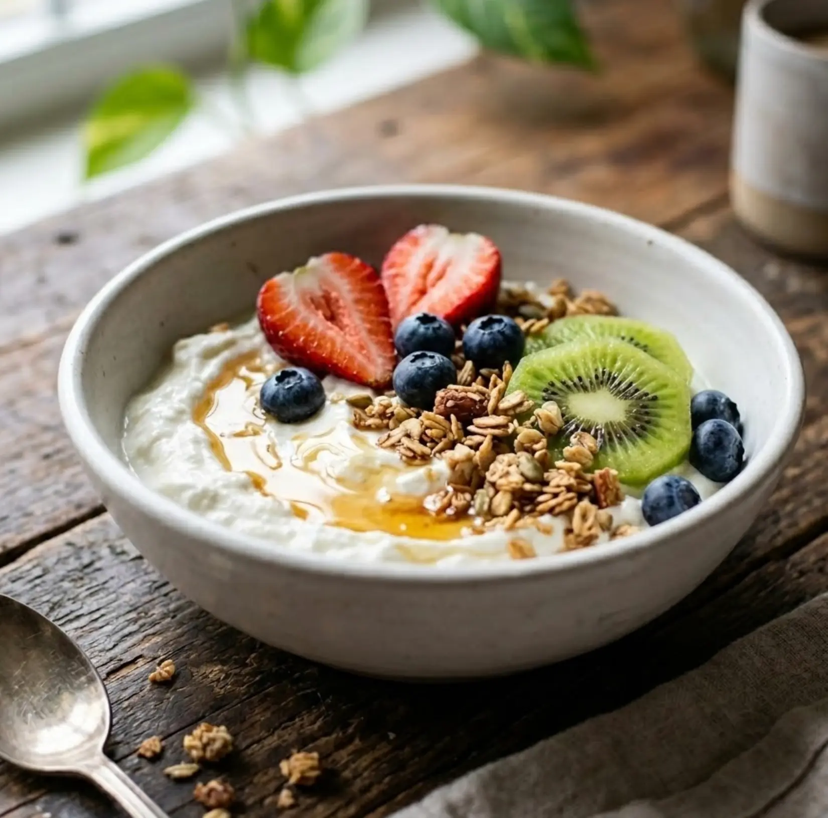자연광 아래 매트한 흰 도자기 그릇에 담긴 요거트 과일볼. 딸기, 블루베리, 키위 슬라이스와 그래놀라가 올려져 있고, 꿀이 살짝 뿌려진 모습. 나무 테이블 위에 그래놀라 부스러기가 자연스럽게 흩어져 있음.