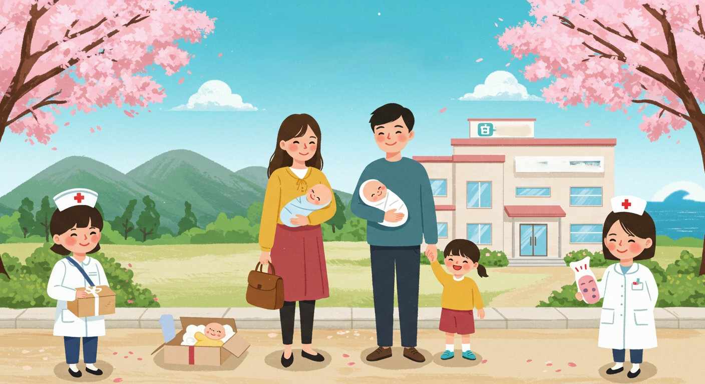 A warm and joyful digital illustration of a young Korean family with two children, standing in front of 속초community center. The parents are smiling, one holding a newborn baby, and the other guiding a small child. Around them are subtle symbols of family support: a baby gift box, a nurse character offering care, and a cozy postpartum center building in the background. The setting is bright and sunny with cherry blossom trees, mountains, and the ocean in the distance. The mood is peaceful, hopeful, and family-friendly, with soft pastel colors and gentle lighting. No text, no logos, just a pure visual storytelling moment about parenting support and community care