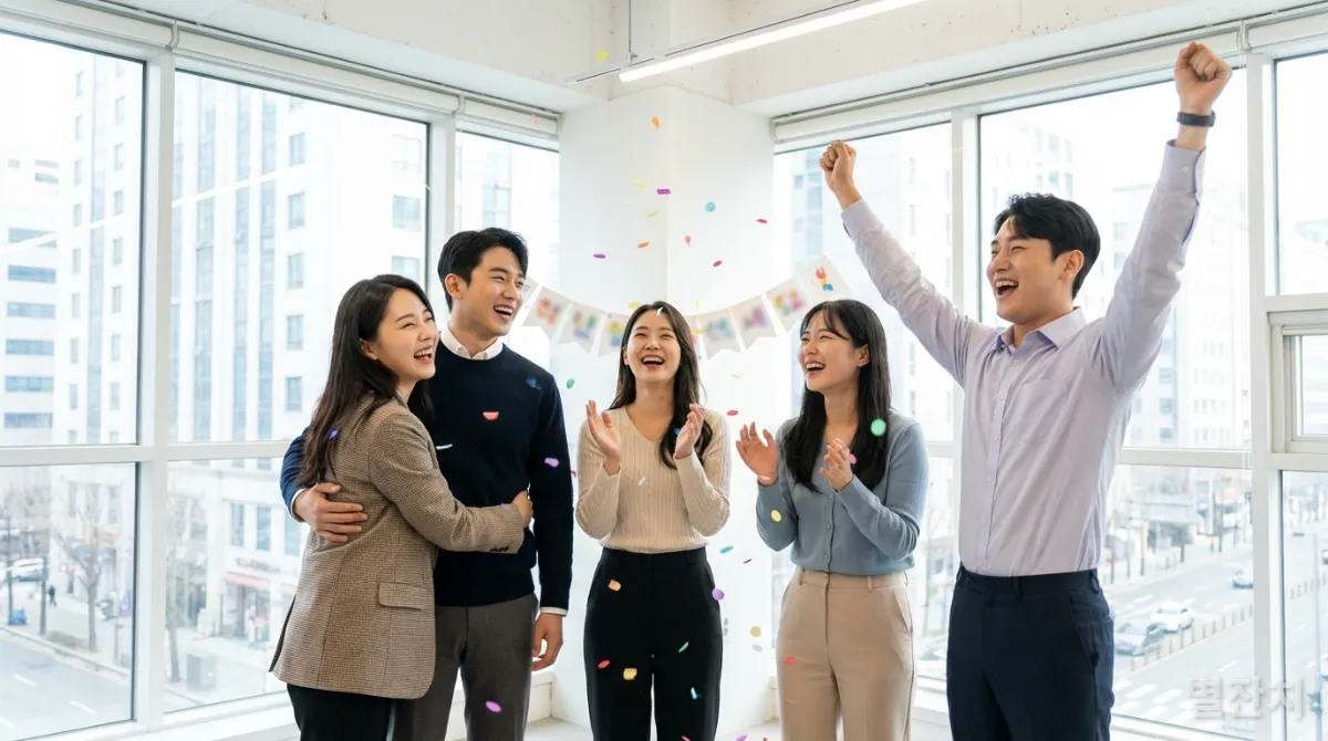 서울의 현대적인 사무실에서 한국인 젊은 직장인들이 팀 성과를 축하하는 모습
