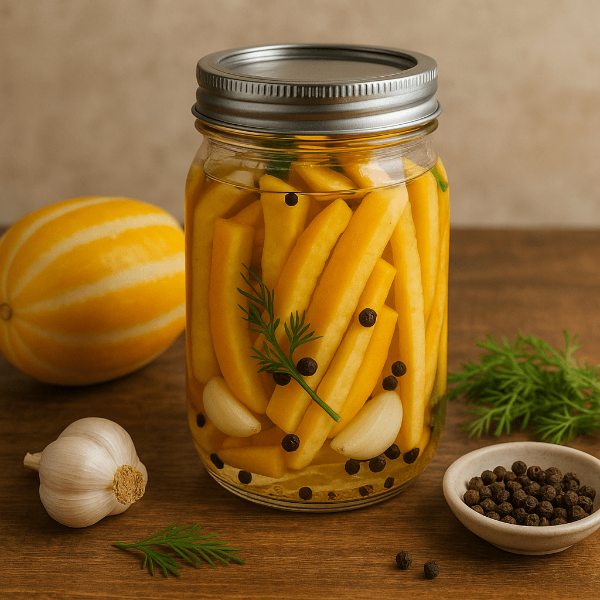 참외 껍질로 만든 피클이 유리병에 담긴 모습