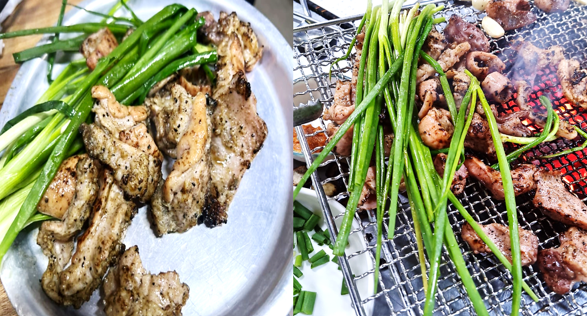 진해숯불막창의 소막창이 쪽파와 함께 구워지는 모습