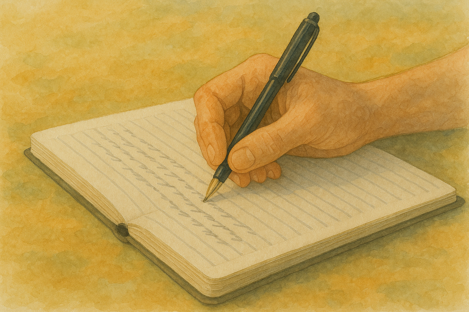 손과 펜이 있는 글쓰기 순간
