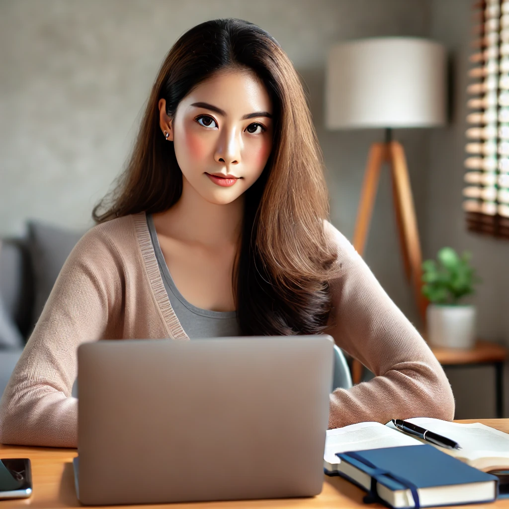 20대 후반의 한국 여성이 현대적인 책상에서 노트북과 노트를 활용하며 컴퓨터 자격증 시험을 위한 온라인 강의를 듣는 모습, 주의 깊고 몰입된 표정