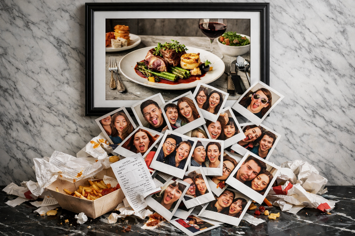 완벽한 액자 사진 아래로 쏟아지는 자연스러운 일상 폴라로이드 사진들