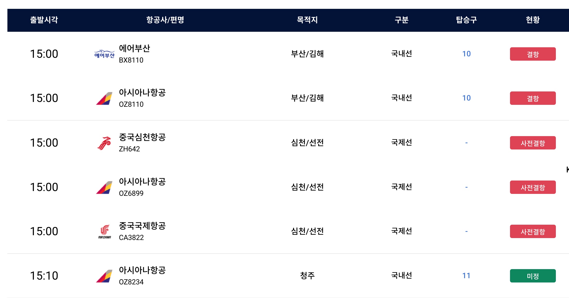 제주공항 운항정보에서 확인할 수 있는 실시간 운항 정보 현황 페이지