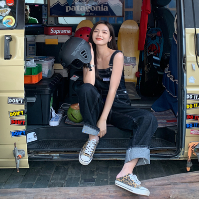 반팔 데님 점프수트 핑크 멜빵 하이웨이스트 슬림핏 슬랙스