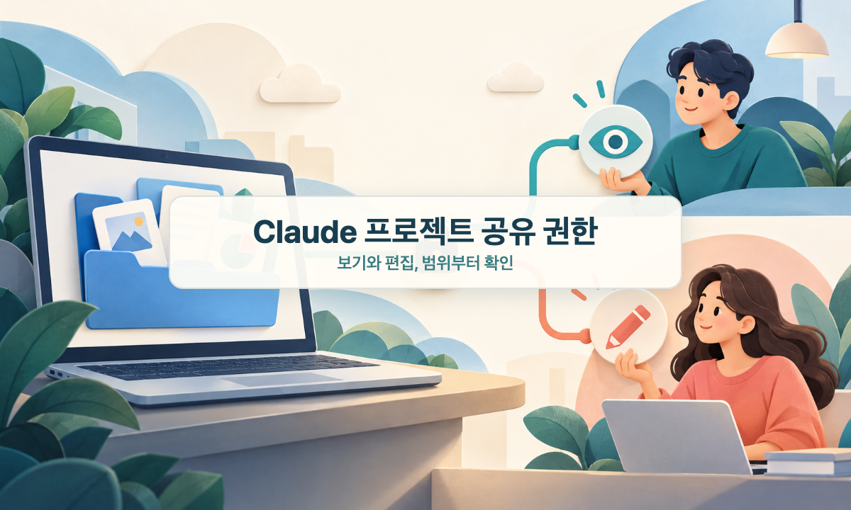 프로젝트 문서와 보기&middot;편집 권한을 가진 두 협업자를 구분한 Claude 공유 권한 안내 삽화