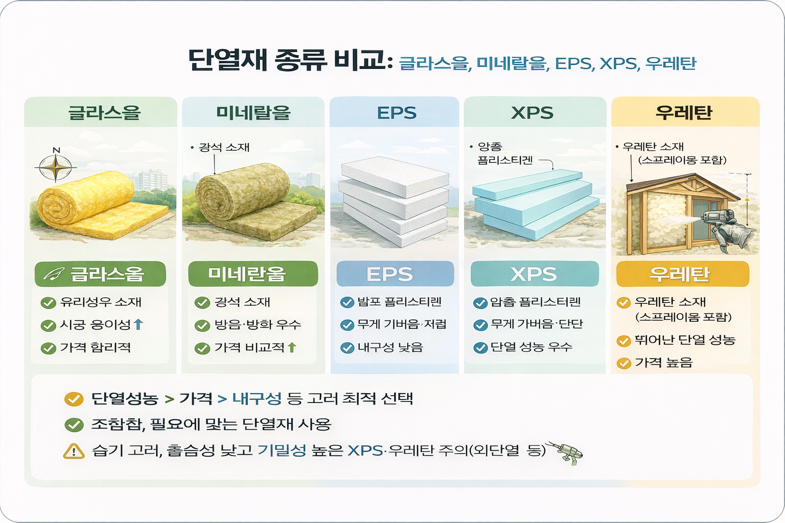 단열재 종류 비교: 글라스울, 미네랄울, EPS, XPS, 우레탄(글라스울, XPS, 우레탄)
