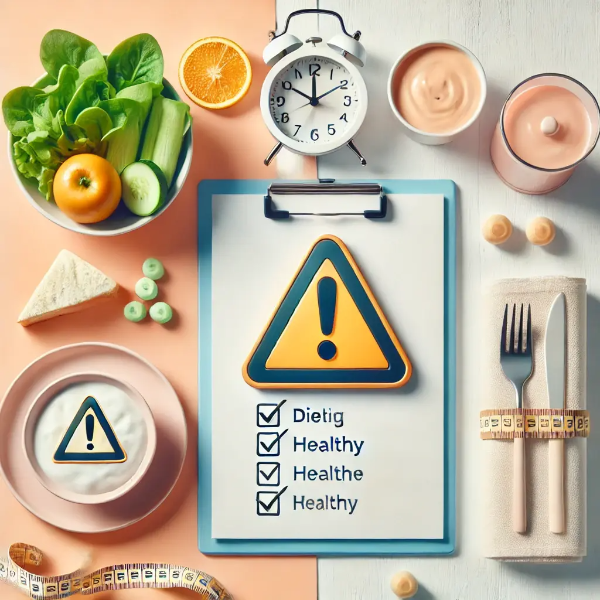 다이어트 부작용 주의사항을 상징하는 경고 아이콘과 체크리스트 세팅