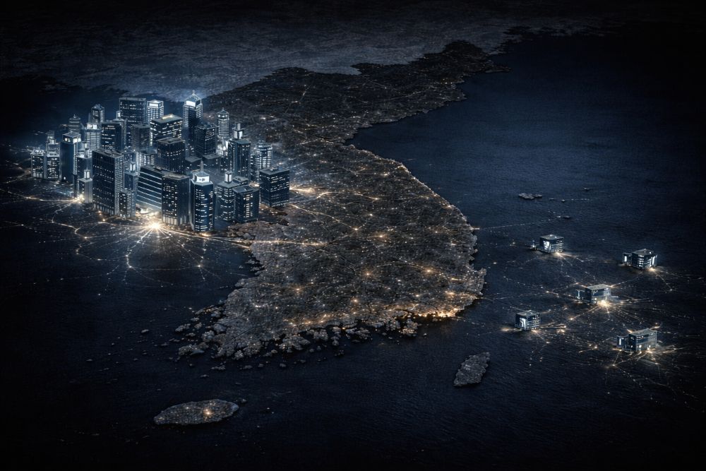 수도권에 대형 빌딩과 본사가 밀집되고 지방에는 건물이 드문 구조를 표현한 이미