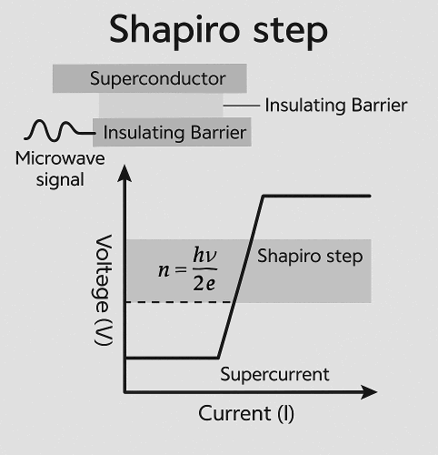 조셉슨 접합의 I–V 곡선에서 마이크로파 신호가 인가될 때 나타나는 Shapiro Steps를 보여주는 그래프. 전압 축에 따라 계단처럼 정렬된 전류 스텝이 나타남.