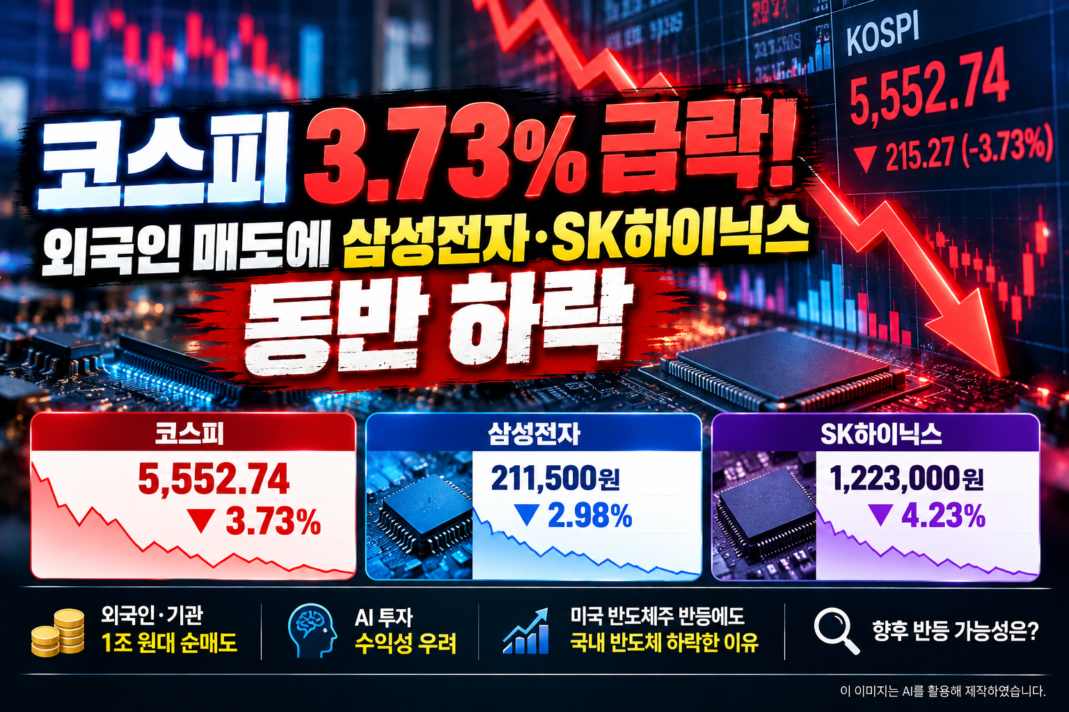 2026년 10월 20일 코스피 3.73% 급락으로 지수 5,552.74 마감, 외국인&middot;기관 순매도와 AI 투자 수익성 우려 속 삼성전자 2.98%, SK하이닉스 4.23% 하락 원인 및 향후 국내 증시 반등 가능성을 분석한 대표 이미지.