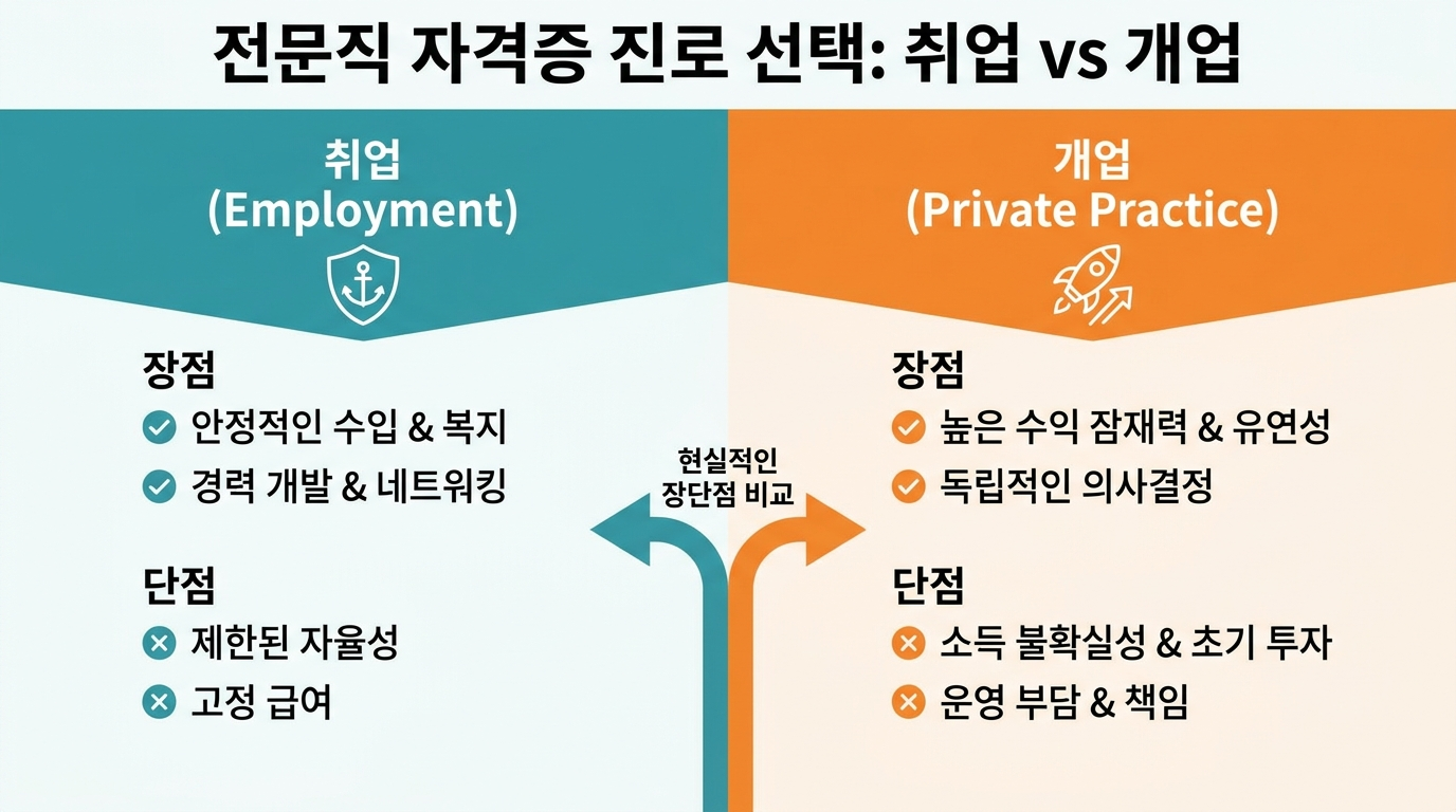 산업안전지도사 개업 vs 취업 현실 비교 — 수입·리스크·적합한 사람 기준 인포그래픽