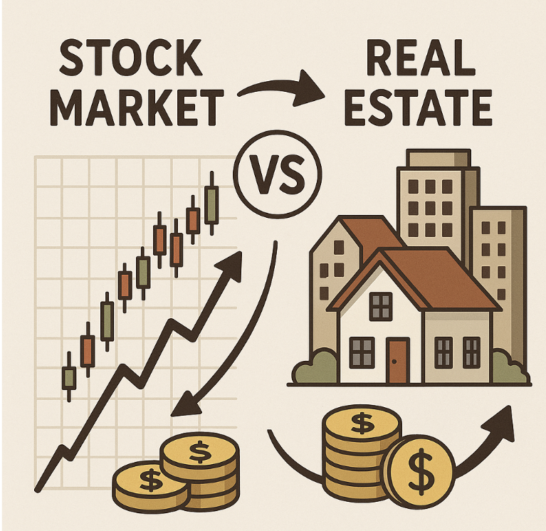 한국 주식시장과 부동산시장 비교 : 투자 특성과 상관관계 분석을 연상시키는 이미지