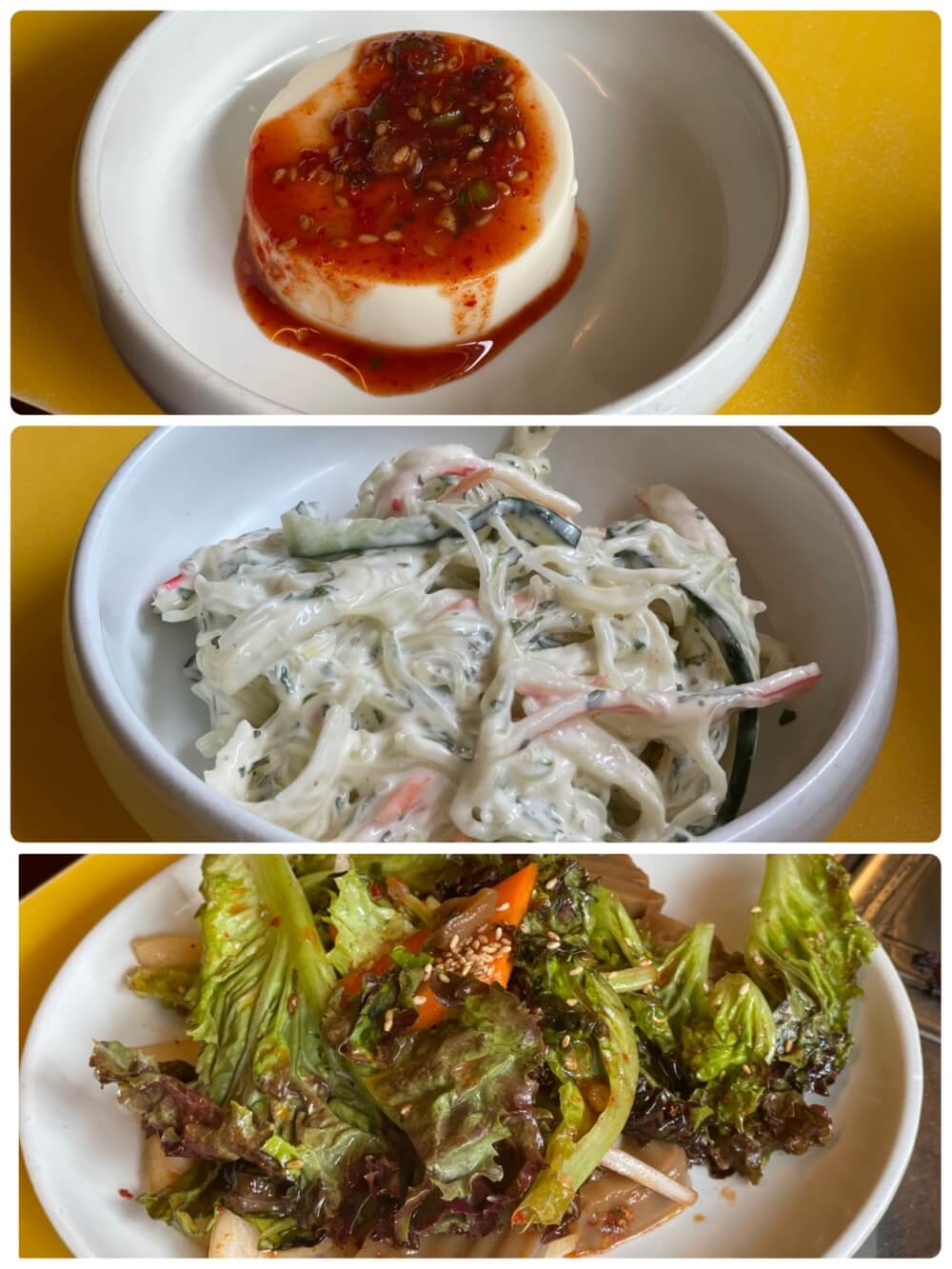 노란상 소갈비 - 기본찬 연두부, 천사채, 상추 겉절이