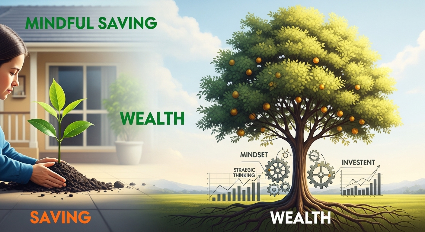 생활비를 아끼는 모습에서 시작하여 부자가 되기 위한 마인드셋 변화와 자산 증식으로 이어지는 여정을 보여주는 개념적인 이미지