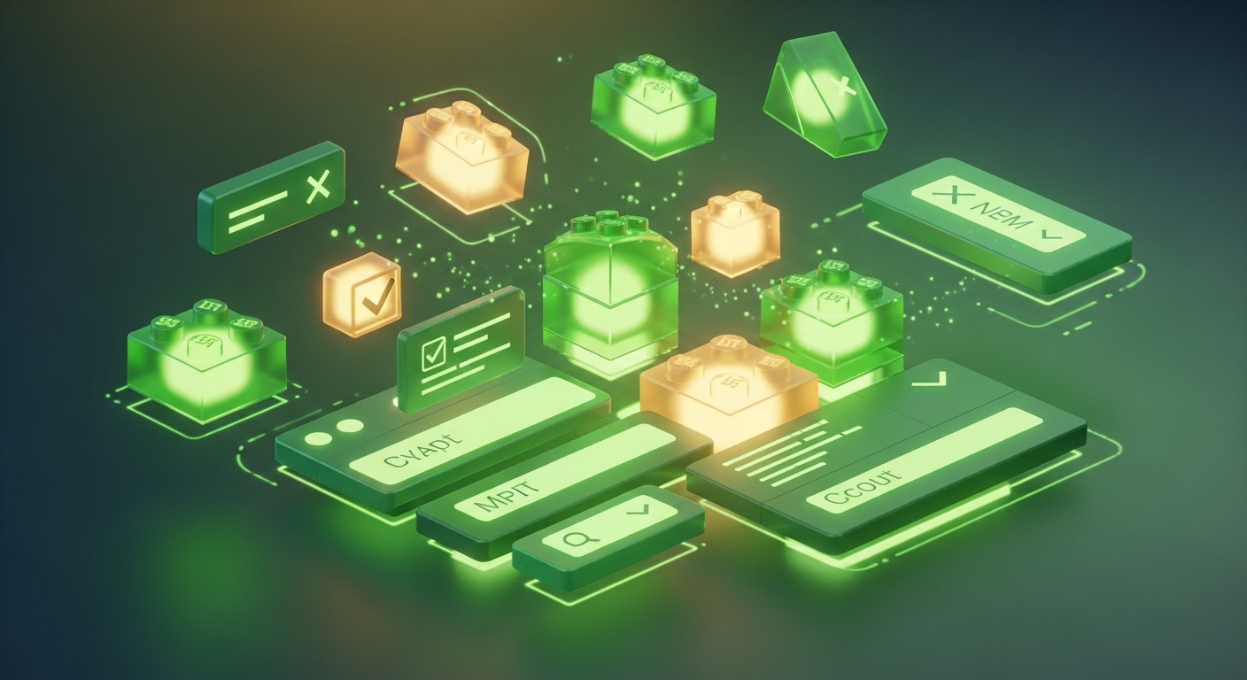 레고 블록처럼 조립되는 다양한 UI 컴포넌트들의 추상적인 디지털 일러스트레이션