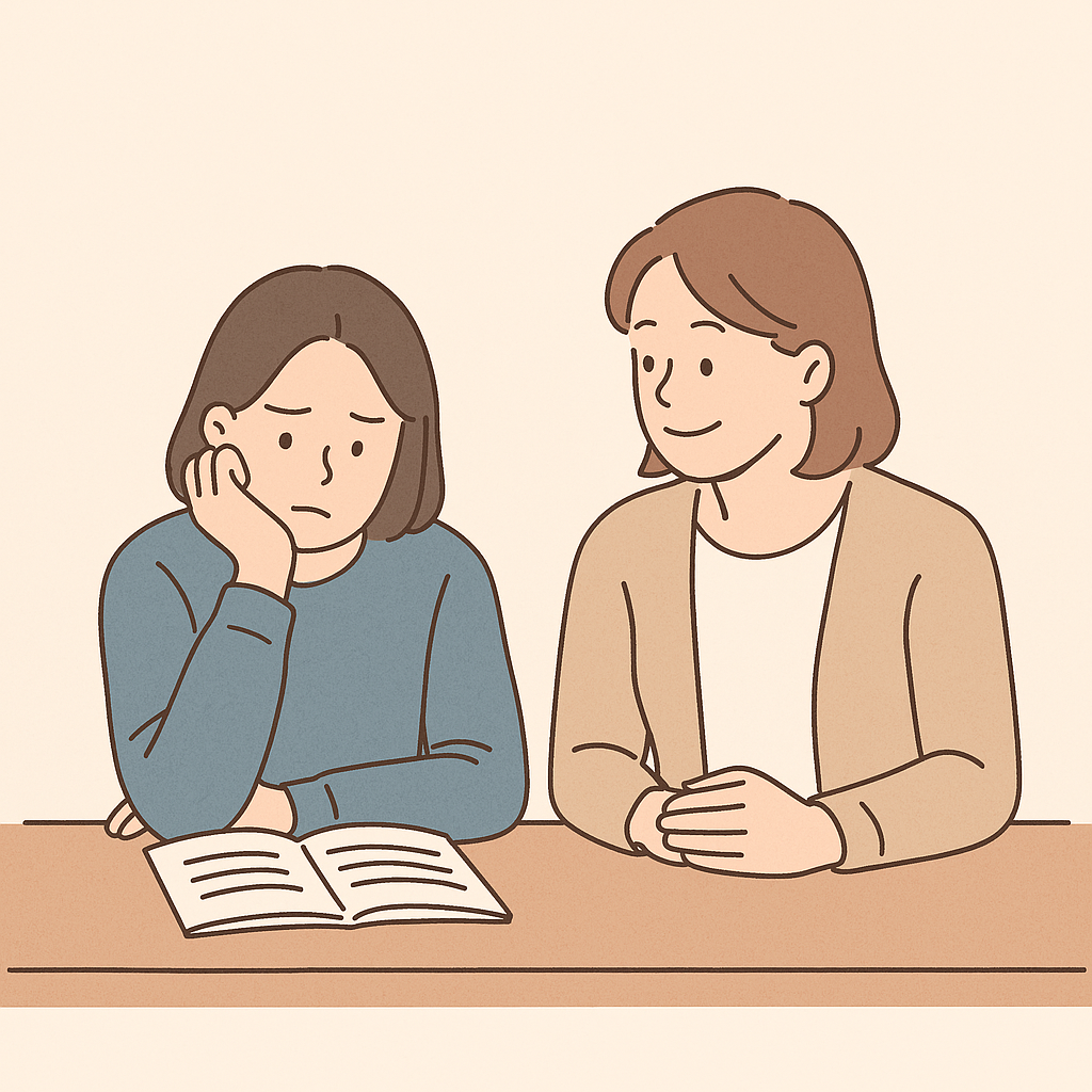 중학생 자녀 옆에 조용히 앉아 함께 시간을 보내는 부모, 따뜻한 분위기의 감성 일러스트