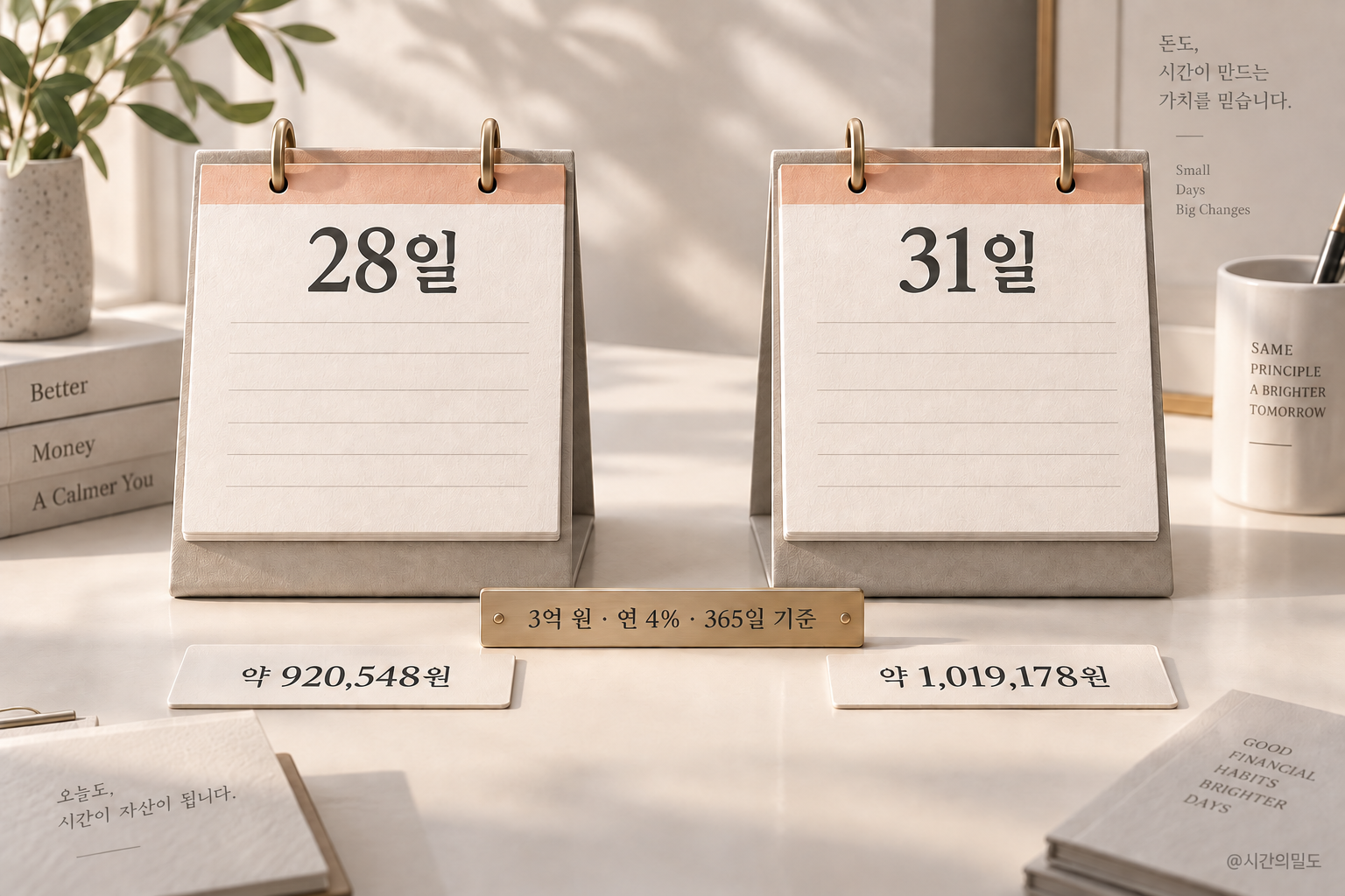 같은 잔액과 연이율에서 28일과 31일의 이자기간을 구분하는 입체 달력 그래픽