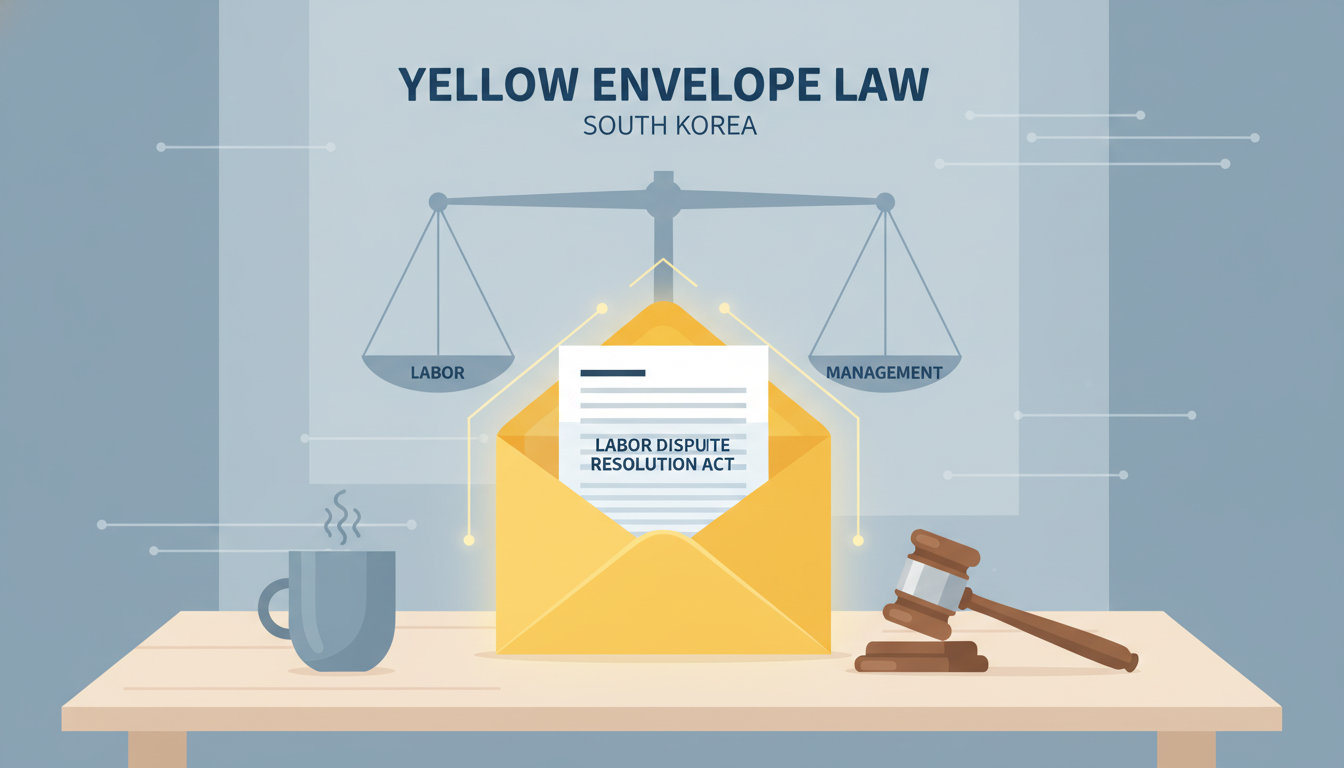 책상 위 빛나는 노란색 봉투와 법원 망치가 놓여 있는 노란봉투법 개념 일러스트