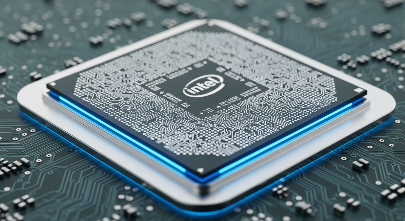 파란색 빛이 감도는 인텔 코어 i7 CPU 칩의 정밀한 회로 모습. 미세한 선과 메탈릭한 질감이 강조되어 있습니다.