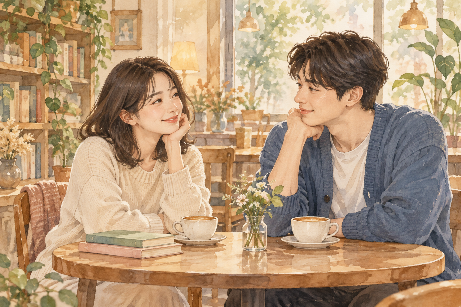 커피를 마시며 서로의 이야기를 듣는 두 사람