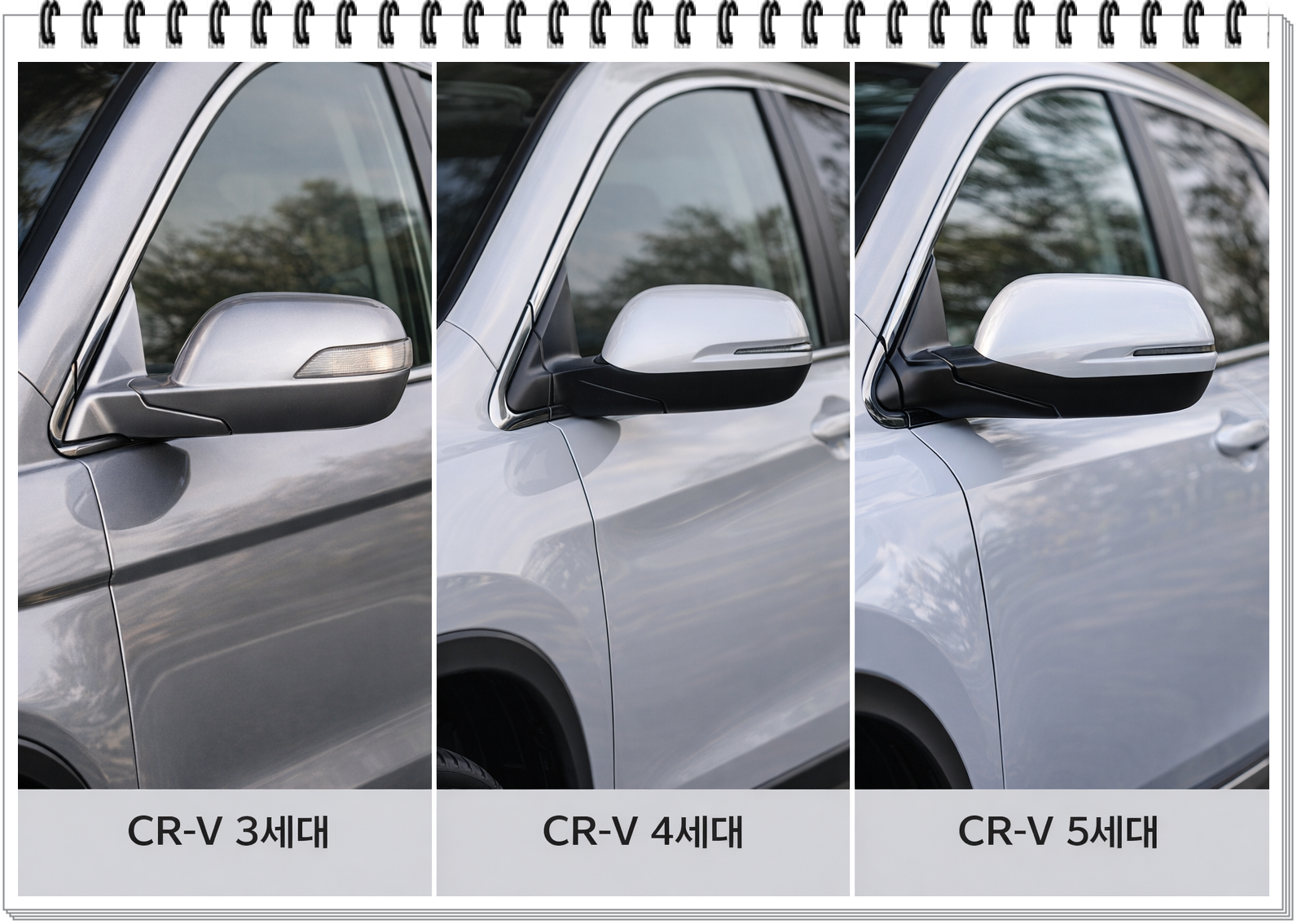 CR-V 3세대, 4세대, 5세대의 사이드미러 모양을 비교한 사진