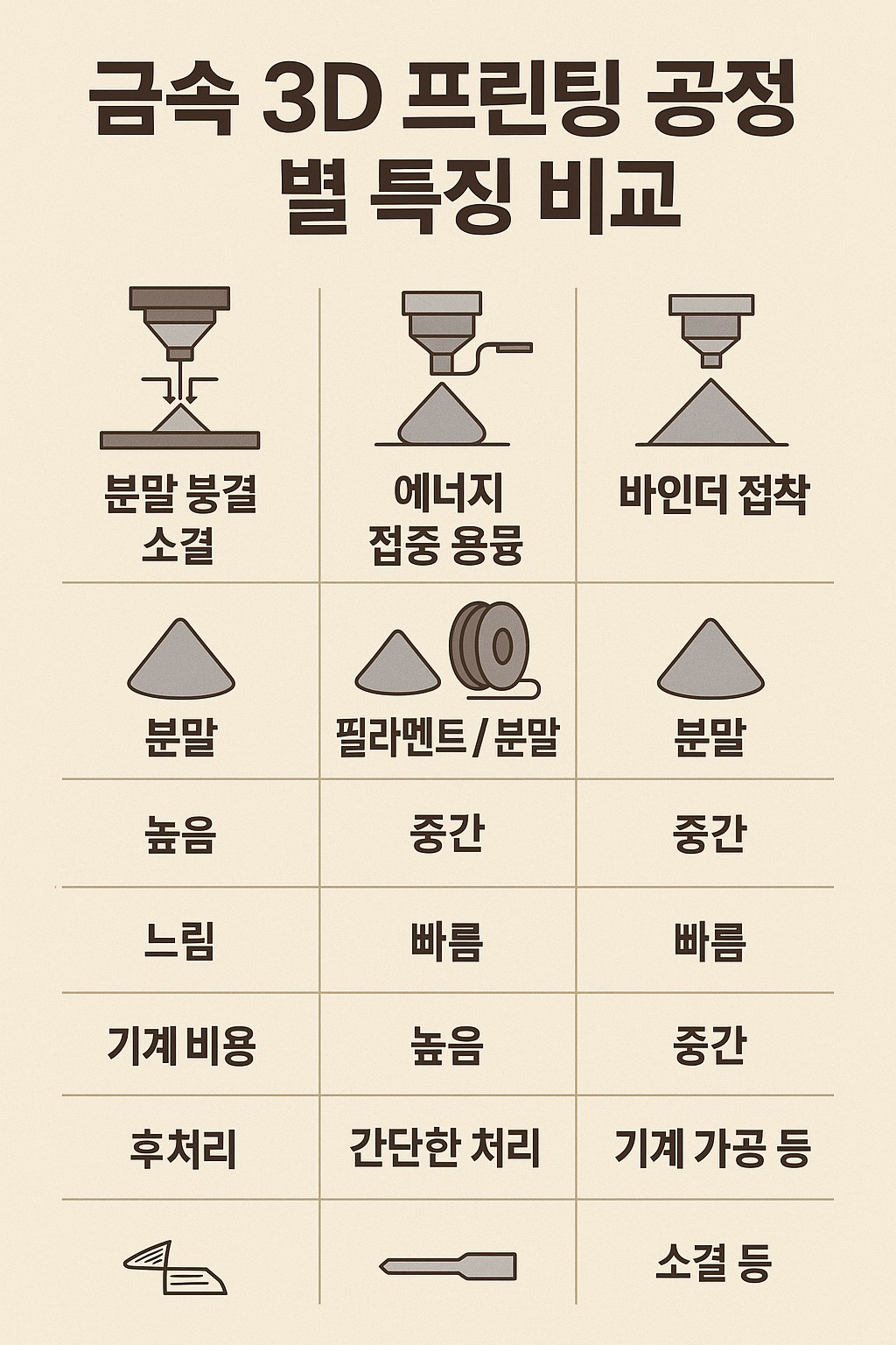 금속 3D 프린팅 공정별 특징 비교 인포그래픽